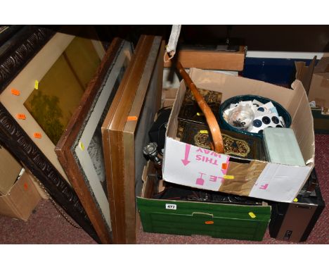 TWO BOXES AND LOOSE PICTURES AND SUNDRIES, vintage Singer sewing machine in carry case, two tins of varies buttons, a tin of 