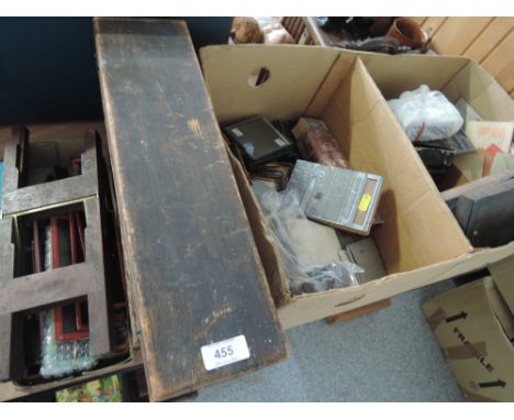 A box of vintage glass photograph negatives, printers blocks, magic lantern slides etc