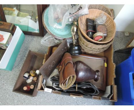 A box of miscellaneous including art materials, Studio Pottery, baskets, novelty suit of armour, lighter etc