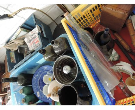Three boxes of miscellaneous including desk lamp, matchboxes, ephemera, pottery, glassware and novelties etc