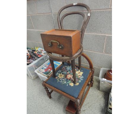 An early 20th century bentwood child's chair frame, a twist leg stool, a tapestry frame etc