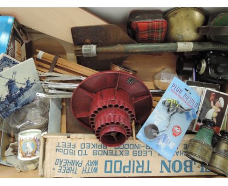 A box of miscellaneous including phenolic pen stand, military binoculars etc