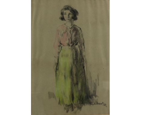 Jacob Kramer (1892-1962) Portrait of a young lady, standing wearing a full skirt Signed and possibly dated, charcoal and colo