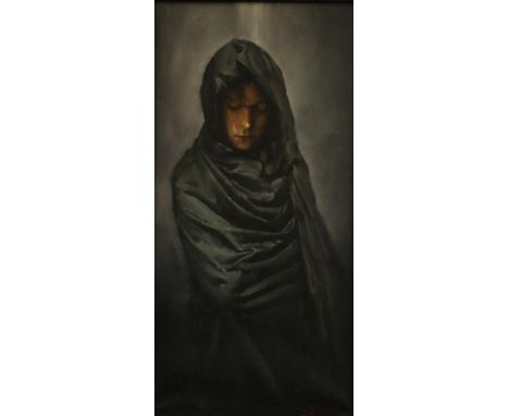 Michael J Austin (b.1959) Portrait of a girl, half-length wrapped in a scarf Signed, oil on canvas, 80cm by 39.5cm 