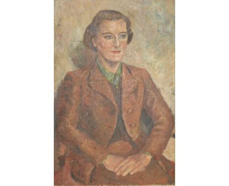 Follower of Roger Fry (1866-1934) Portrait of a lady seated, half length wearing a brown suit, a green shirt and her hands cl