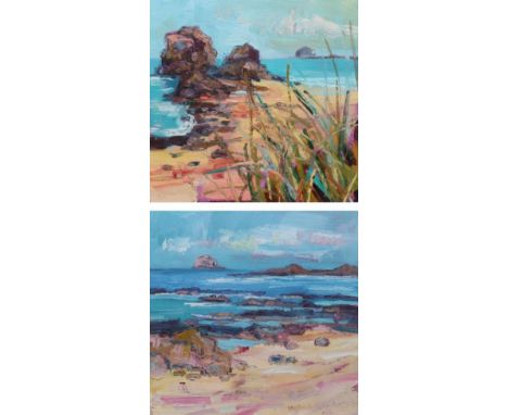 Judith Bridgland (b.1962) ''Rainy Weather, Bass Rock'' ''Choppy Sea, Bass Rock'' Signed and inscribed, oil on board, 24cm by 