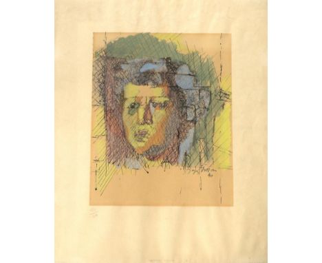 After Jacques Villon (1875-1963) French ''Tete d'homme'' Hand coloured lithograph, numbered 151/400, 50cm by 40.5cm, unframed