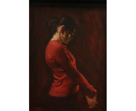 Michael J Austin (b.1959) ''Red Jumper'', Portrait of a lady, half-length thought to be the artist's wife Signed, oil on canv