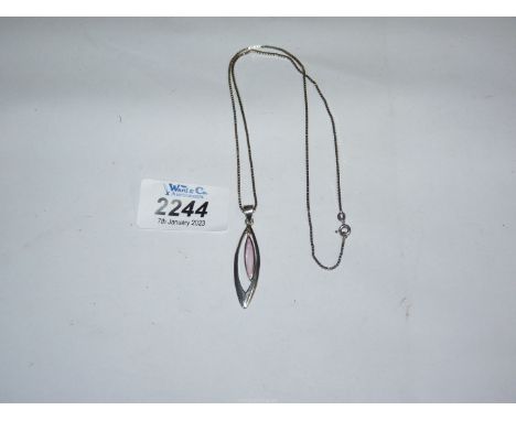 A silver box link chain, 19'' long and a pendant with pink hinged centre, both stamped 925.