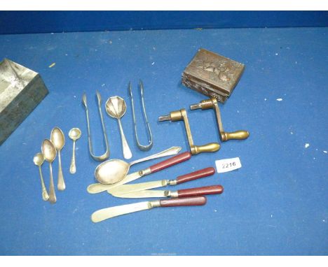 Various knives and spoons, mostly epns, plus two silver teaspoons (Sheffield), two brass clock winders and copper box, a/f.