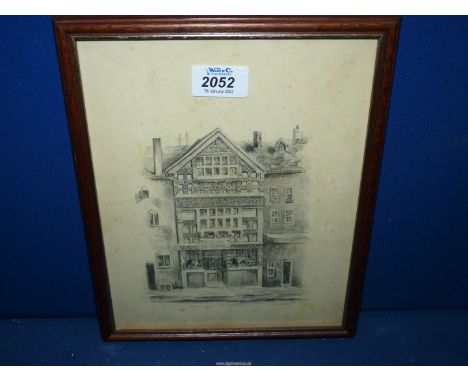 A framed Pencil sketch depicting a old Tudor shop.  Initialed lower right J.D 1830., (on the reverse is another sketch of fig