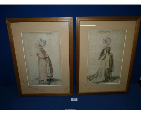 A pair of interesting Prints of Nuremberg women going to a dance, the dress detailed in pastel colours, after Albect Durer, o