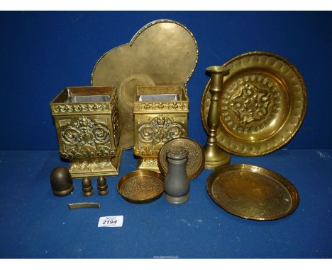 A small quantity of brass including a pair of heavy brass planters, trays, push up candlestick etc.