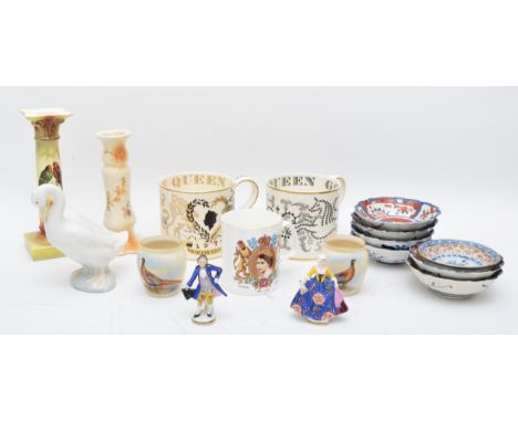 A set of six Japanese Imari dishes, together with  Wedgewood commemorative mugs, a pair of Worcester miniature vases, a Nao f