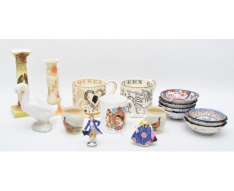 A set of six Japanese Imari dishes, together with  Wedgewood commemorative mugs, a pair of Worcester miniature vases, a Nao f