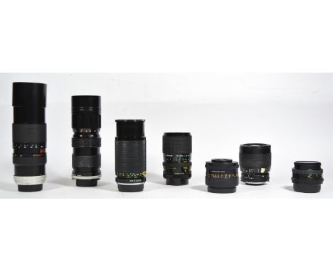 Seven manual camera lens, to include a WEP 85mm-205mm f3.8, a Miranda 35mm-135mm f3.5-f4.5, a Hoya 75mm-260mm f4.5, a Sigma 7