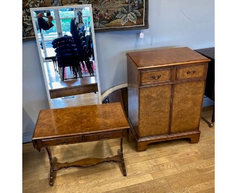 A mahogany and walnut inlay Hi-Fi cabinet, H83, W60, D42cm, together with a matching console/occasional table and a round cof