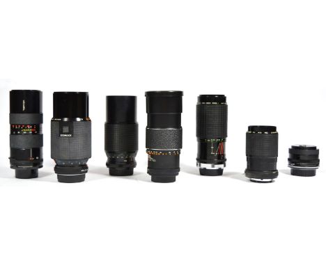 Seven manual camera lens, to include a Kiron 70mm-210mm f4, a Tamron 85mm-210mm f4.5, a Tamron 28mm f2.5, a Vivatar 80mm-200m