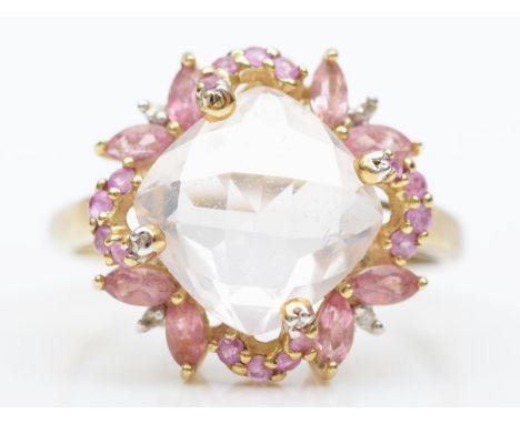 A 9ct gold rose quartz, and pink gemstone cluster ring, U, 3.8gm 