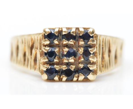 A vintage 9ct gold sapphire square cluster ring, M, 3.2gm 