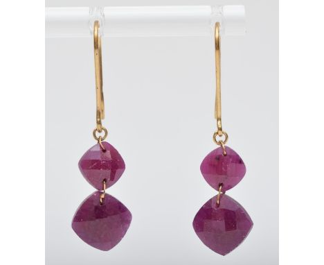 A pair of 9ct gold mounted facetted ruby ear pendants, 18mm 