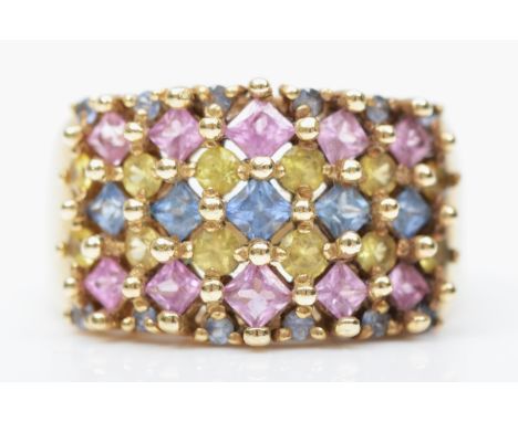 A 9ct gold pink, yellow and blue sapphire dress ring, L, 6.2gm 