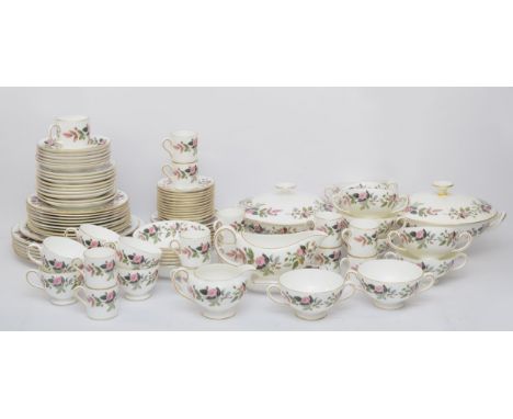 A Wedgwood Hathaway Rose bone china dinner service, comprising: 10 x tea/side plates, 9 x soup saucers, 10 x soup bowls, 12  