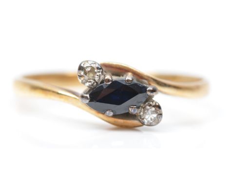 A 9ct gold sapphire and diamond three stone ring, M 1/2, 1.4gm 