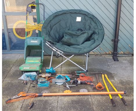 A folding garden 'egg' chair in a carry bag, together with a Qualcast Concorde lawn mower, Black and Decker power drill and o