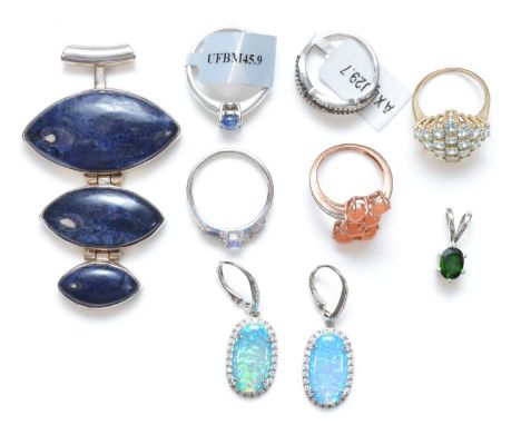 5 silver and gem set rings, a pair of silver opal earrings and 2 pendants, 53g. 