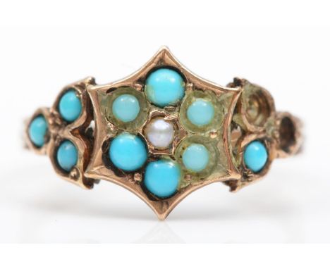 A Victorian 9ct gold turquoise and half pearl ring, A/F, Birmingham 1871, J 1/2, 1.6gm 