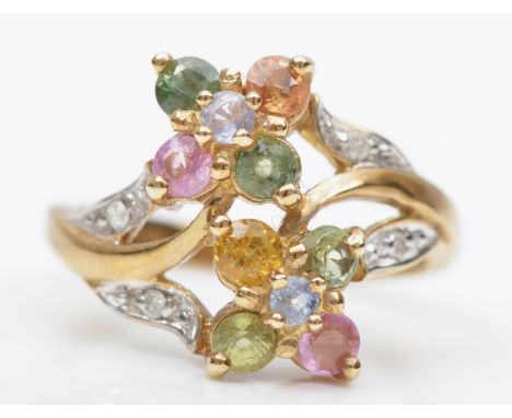 A 9ct gold brilliant cut diamond and pink,blue, yellow and green sapphire cluster ring, N 1/2, 4gm 