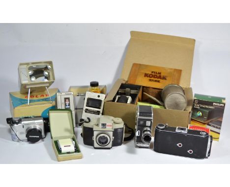 A collection of film, digital and video cameras, to include a Olympus C-740 ultra zoom, with 2gb XD card, a Paillard Bolex mo