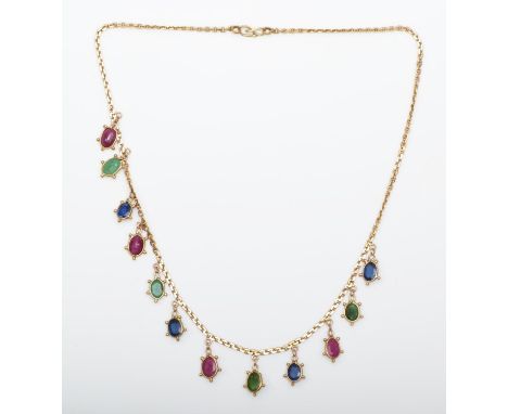 A 9ct gold and spectacle set emerald, ruby and sapphire fringe necklace, 38cm, 10.2gm 