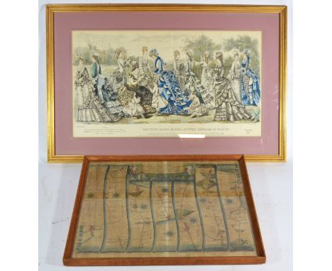 A framed map of London to Flamborough road, dated 1675, framed and glazed, 49x41cm, together with a framed 'fashion plate' de