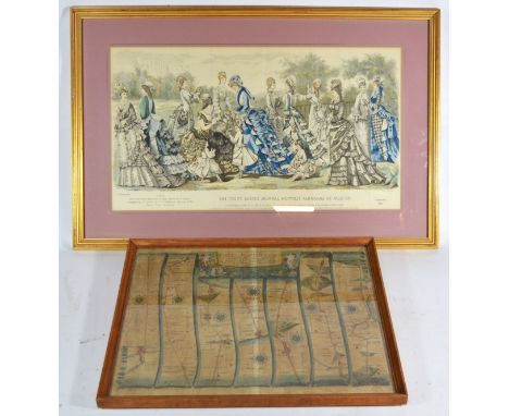 A framed map of London to Flamborough road, dated 1675, framed and glazed, 49x41cm, together with a framed 'fashion plate' de