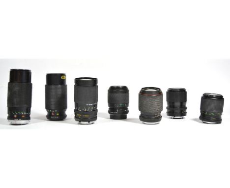 Seven manual camera lens, to include a Sun Actinon 35mm-70mm f3.5-f4.5, a Super Cosina 35mm-200mm f4-f506, a Hanimex 80mm-200