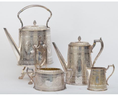 A Victorian four piece presentation electroplated coffee service, c.1880, comprising kettle on stand with 1883 presentation i