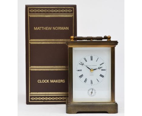 Matthew Norman 1751, London, a Grand Corniche brass alarm/striking/repeating carriage clock, model 1751/6725, white enamel di