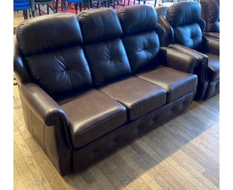 A modern G-Plan 3 seater leather sofa with matching armchair in chocolate brown, model Wilton Dallas N831.Sofa L180, H104, D8