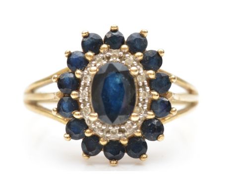 A 9ct gold sapphire and diamond cluster ring, N, 3.6gm 