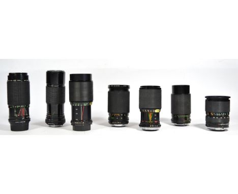 Seven manual camera lens, to include a Japanese made 80mm-200mm f4.5, a Clubman 28mm-135mm f4-f5.5, a mm-Sigma 100mm-200mm f4