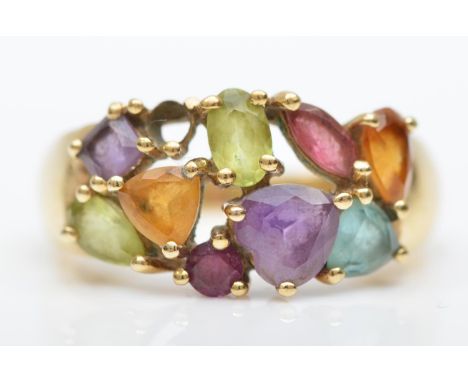 A 9ct gold and multi gemstone ring, to include citrine, peridot and amethyst, L, 2.9gm