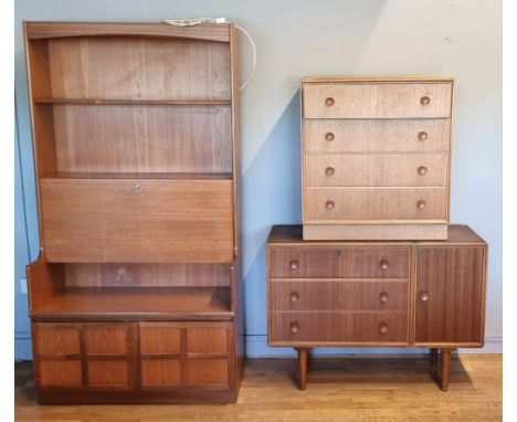 Nathan, a teak wall unit with bookcase over a desk with fall front, over a two cupboard doors, 102 x 194 x 45cm, Merrydew, a 