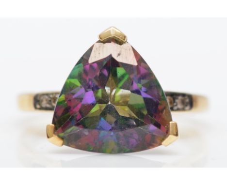 A 9ct gold mystic topaz single stone ring, diamond set shoulders, N, 3.6gm 