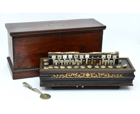 A 19th century French accordion, ebonised case with boxwood inlay and mother of pearl keys, rosewood case, 41 x 16 x 20cm. 