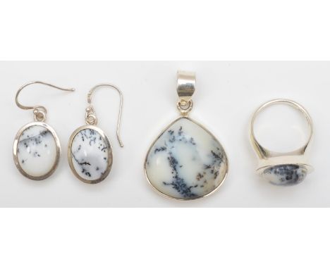A silver set Dendritic agate suite, pendant, ring, earrings, 31g. 