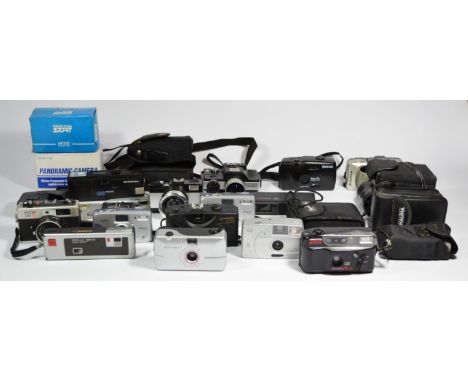 Twenty five film cameras, to include a Ricoh 500 ME, A Panoramic Camera (boxed), a Praktica Sport AP310 (boxed), a Konica MG,