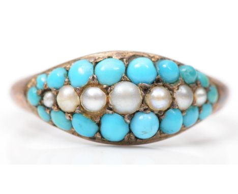 A Victorian gold turquoise and half pearl ring, tests 15ct gold, N 1/2, 1.4gm 