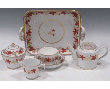 A Coalport solitaire set, circa 1805, painted with a band of iron red flowers, comprising a two-handled tray, teapot and cove